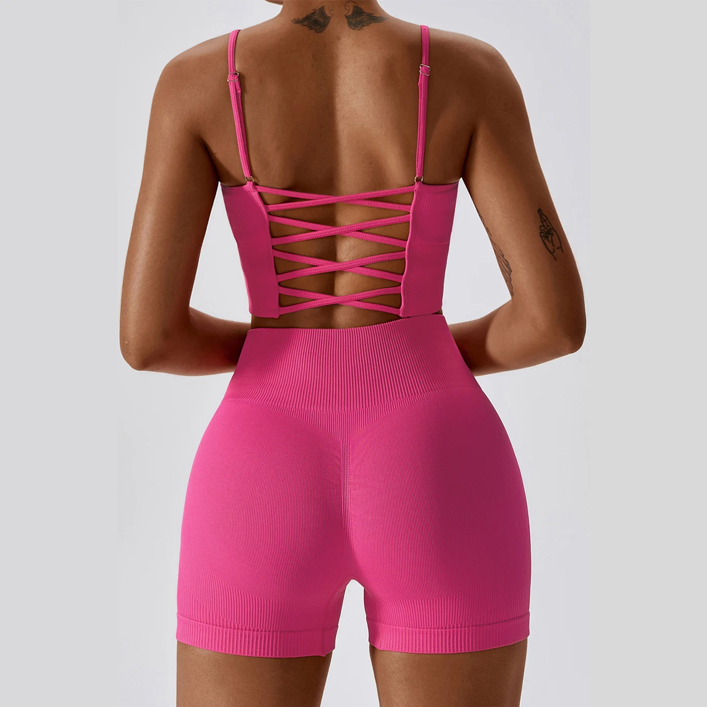 

CUTIES 2 Pieces Gym Set Women Crisscross Ribbed Sport Suit for Fitness Seamless Summer Short Pant Outfits Yoga Set Clothes