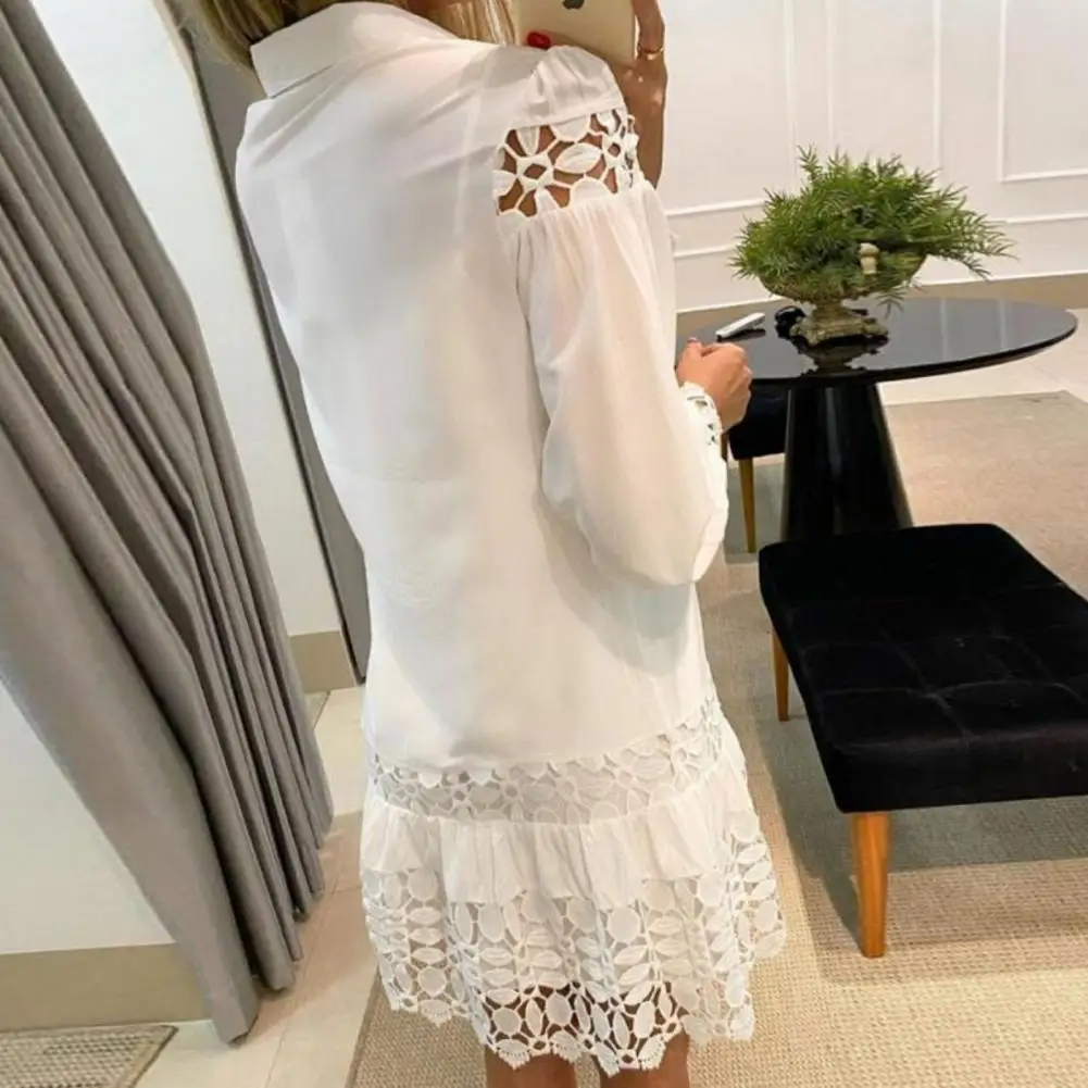 Popular Mini Dress Turn-down Collar Lightweight Women Dress Hollow Out Floral Shape Shirt Short Dress
Popular Mini Dress Turn-down Collar Lightweight Women Dress Hollow Out Floral Shape Shirt Short Dress