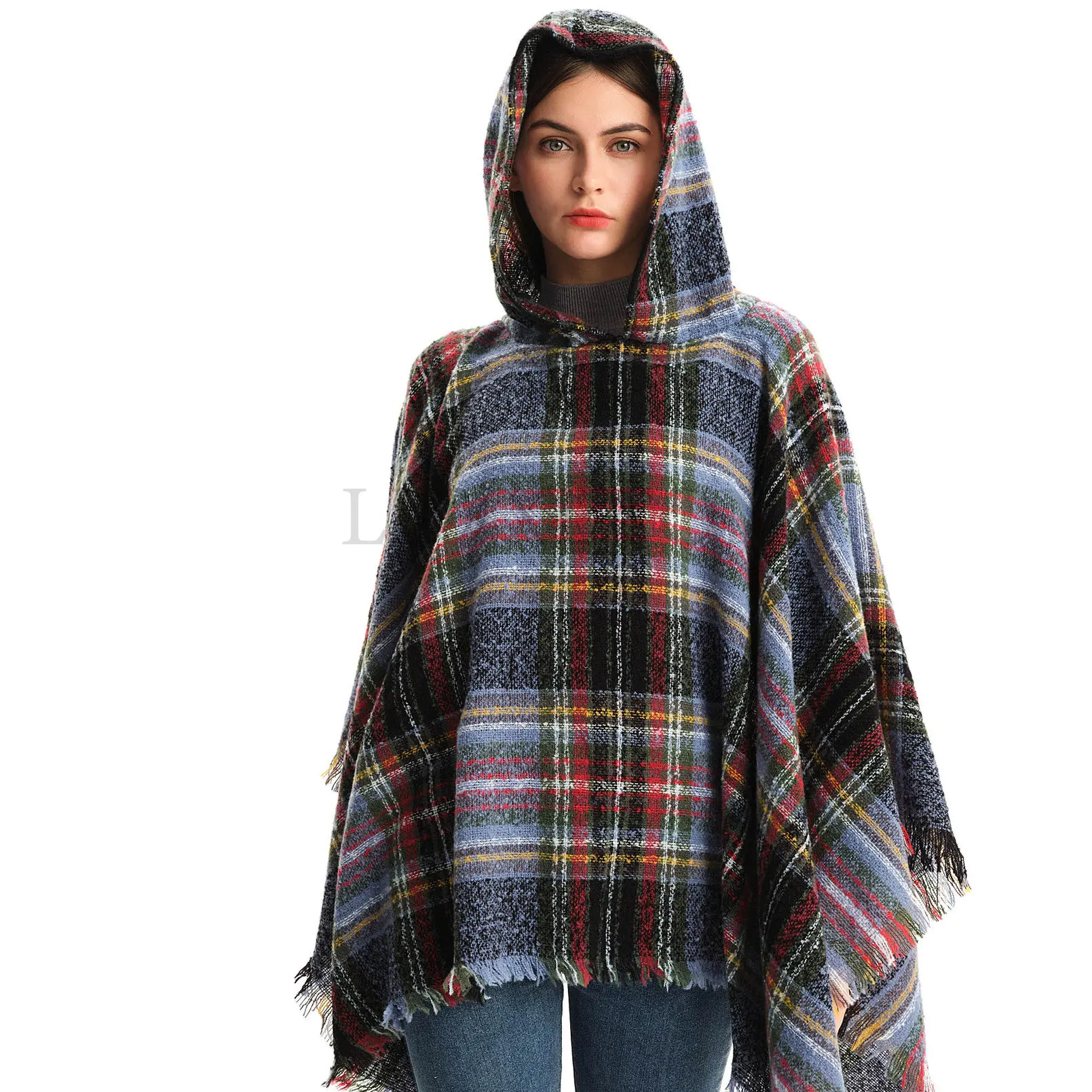 

Модная женская клетчатая накидка с капюшоном, квадратный свитер, Утепленная зимняя шаль, палантин, шарф, пальто, пончо для женщин