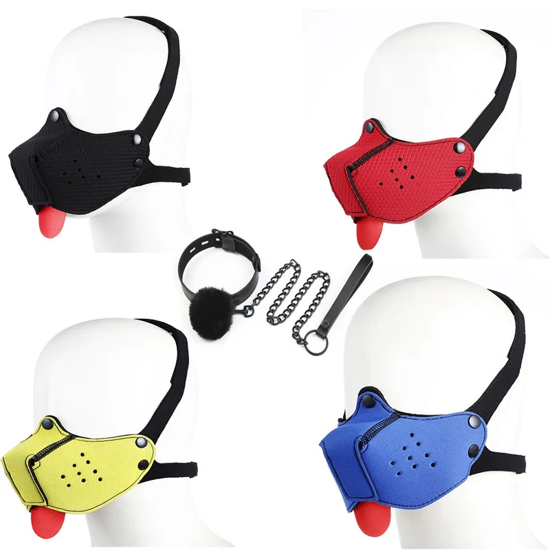 Шлем-маска для собаки Puppy Play Cosplay из резины с воротником на шею. Сексуальный фетиш-костюм для бондажа и BDSM-игр для взрослых пар. Товар для флирта и игр.