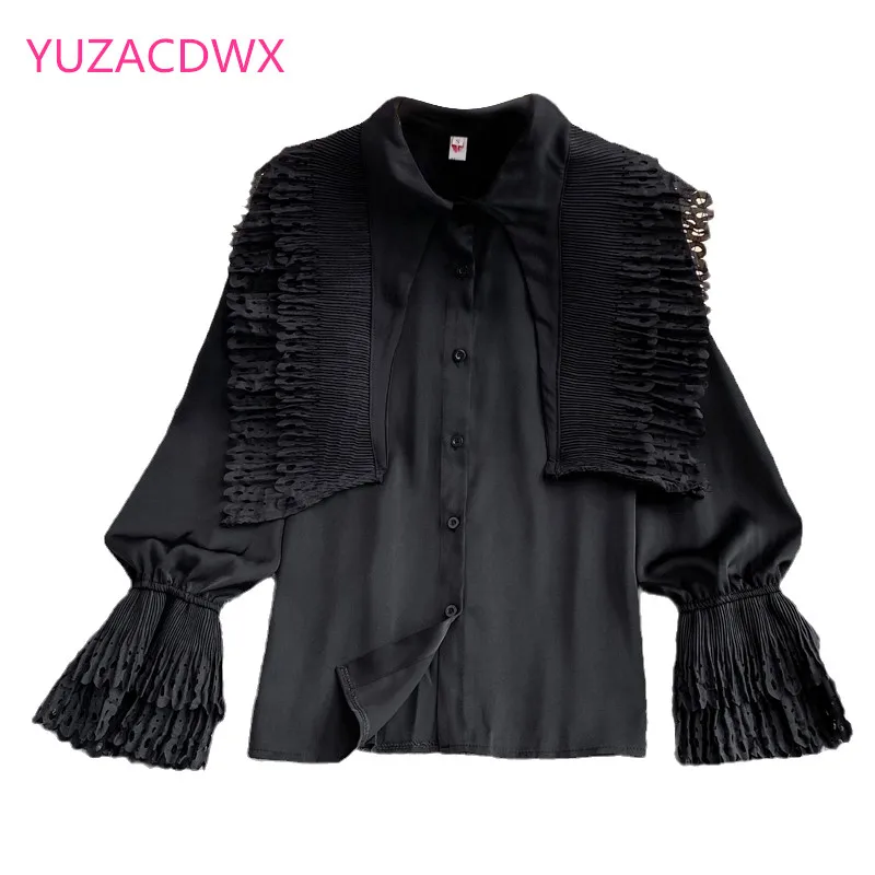 

2022 Autumn Fashion Women Blouse Shirts Spring Female Tops Hollow out Flare sleeve White Blusa Feminina Black Tops Mujer