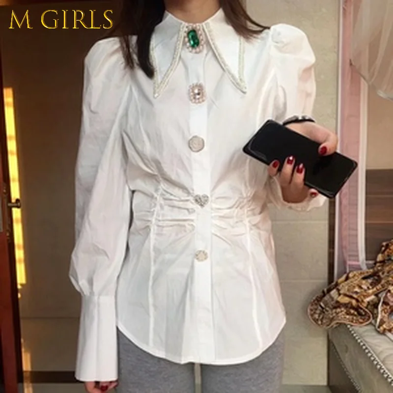 

M GIRLS Fashion Daimonds Decoration 2022 Shirts Women Chic Folds Slim Waist Designed Tops Long Puff Sleeve Blouses Beading