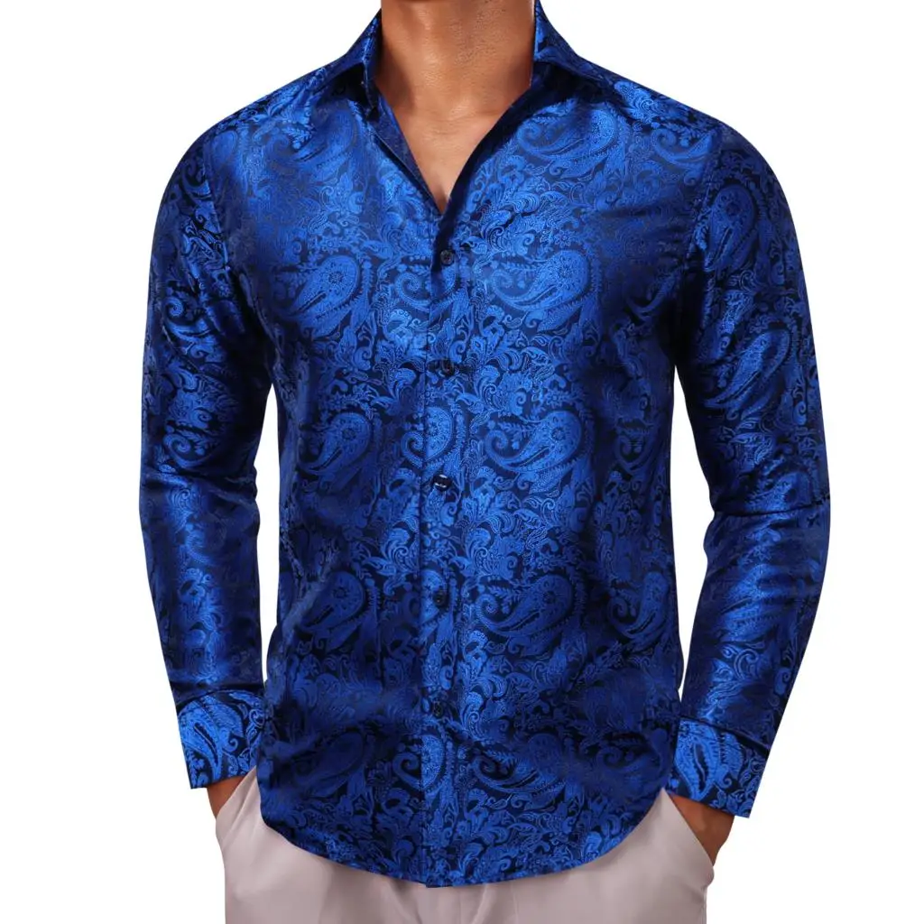 

Дизайнерские рубашки для мужчин, шелковые приталенные мужские блузки Королевского синего цвета с длинными рукавами и Пейсли, повседневные деловые топы, дышащие рубашки Barry Wang