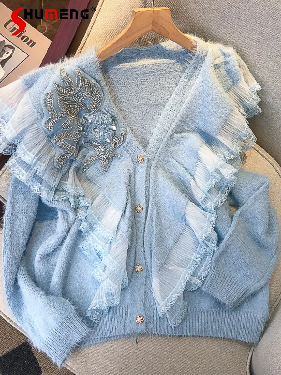 French Heavy Industry V-neck Bead Mink Sweater Female Autumn and Winter New Long Sleeve Lace Ruffled Dinified Cardigan Coat
French Heavy Industry V-neck Bead Mink Sweater Female Autumn and Winter New Long Sleeve Lace Ruffled Dinified Cardigan Coat