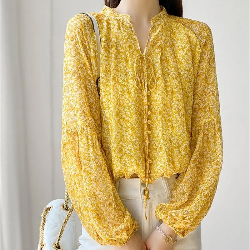 

Женская блузка из искусственного шелка, желтая Свободная шифоновая блузка с рукавами-фонариками, весна 2022