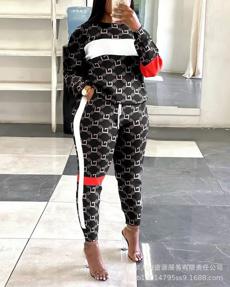 Women 2pcs Clothes Suit Geo Letter Print Long Sleeve Top & Striped Drawstring Pencil Pants Set Fashion Casual 
Women 2pcs Clothes Suit Geo Letter Print Long Sleeve Top & Striped Drawstring Pencil Pants Set Fashion Casual