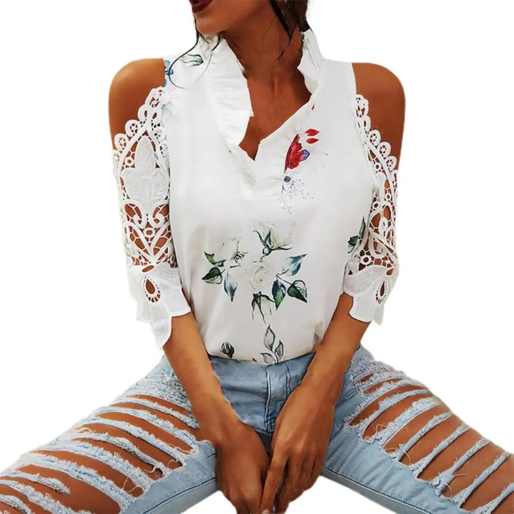 Off Shouder Women Blouse Lace Patchwork Sleeve Elegant Ruffled Neck Floral Print Summer T-shirt Pullover Top
Off Shouder Women Blouse Lace Patchwork Sleeve Elegant Ruffled Neck Floral Print Summer T-shirt Pullover Top