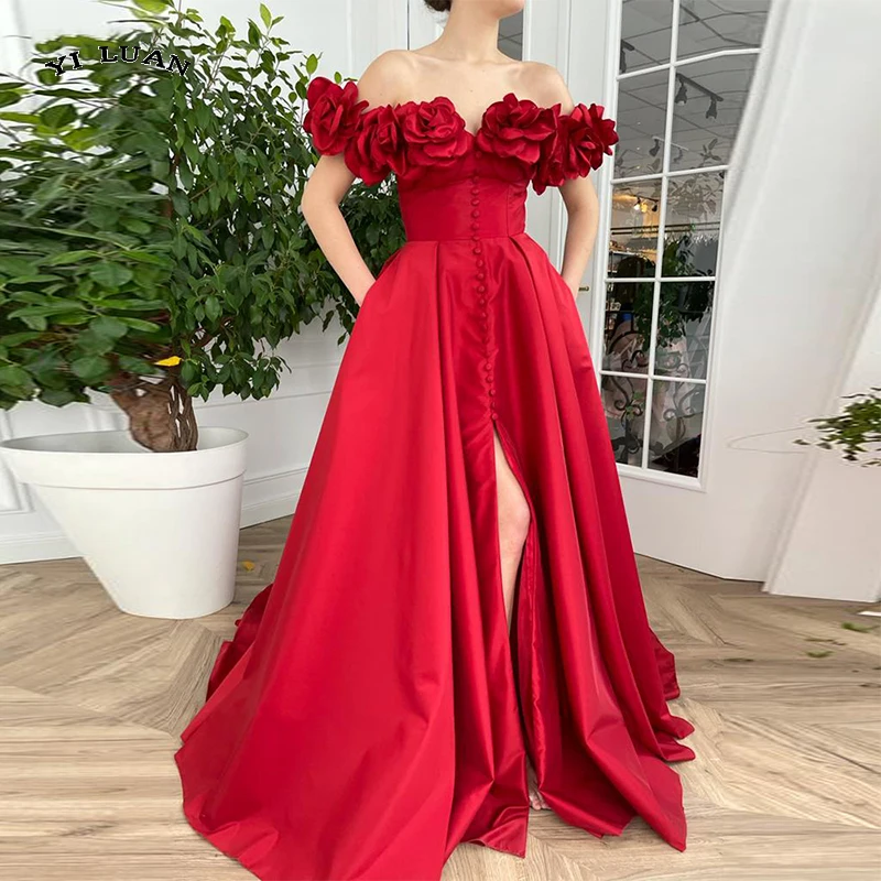 Red Taffeta Prom Dresses Off Shoulder Handmade Flowers Slit A-Line Evening Gowns Buttoned Long Formal Party Dresses
Red Taffeta Prom Dresses Off Shoulder Handmade Flowers Slit A-Line Evening Gowns Buttoned Long Formal Party Dresses
