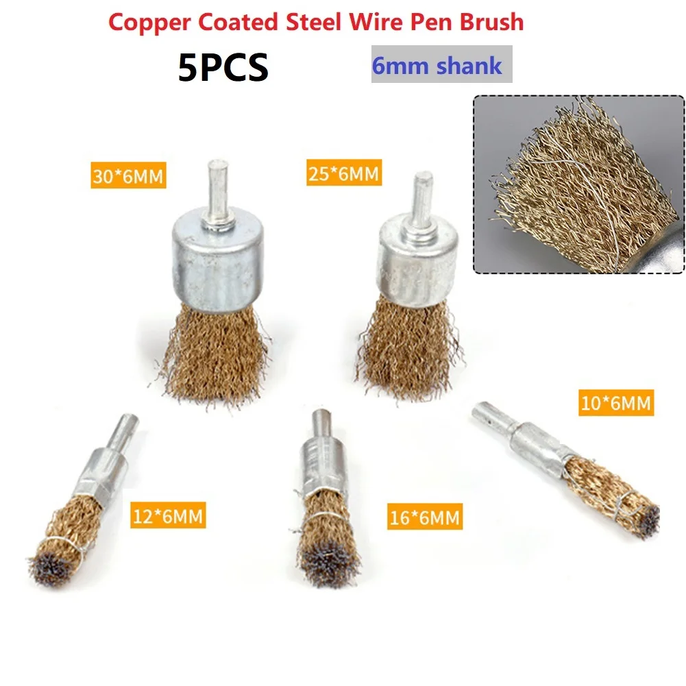 

5Pcs 6mm Shank Copper Plating Stainless Steel Wire Wheel Brushes Grinder Rotary Tool Connecting Rod Polishing Brush Rotary Tool