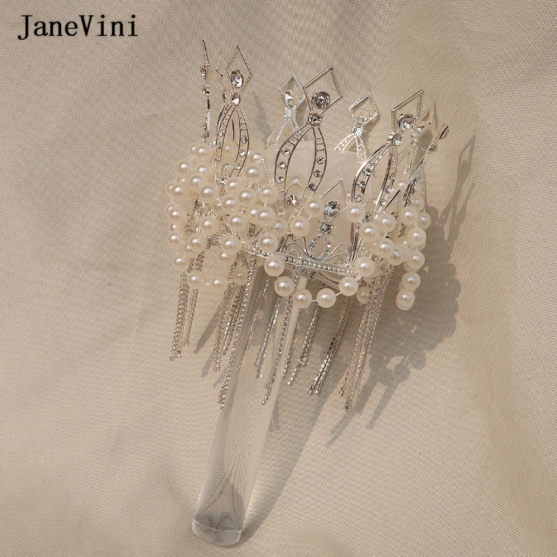 

JaneVini 2022 Handmade Scepter Crown Beaded Tassels Luxury Silver Wedding Bouquets Pearls Artificial Bridal Hand Holding Flowers