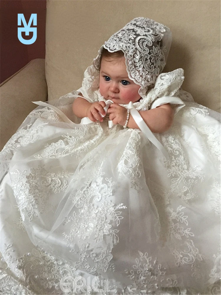 New Ivory White Long Christening Gown for Baby Girls Lace Pearls Short Sleeve Baptism Dress with Bonnet
New Ivory White Long Christening Gown for Baby Girls Lace Pearls Short Sleeve Baptism Dress with Bonnet