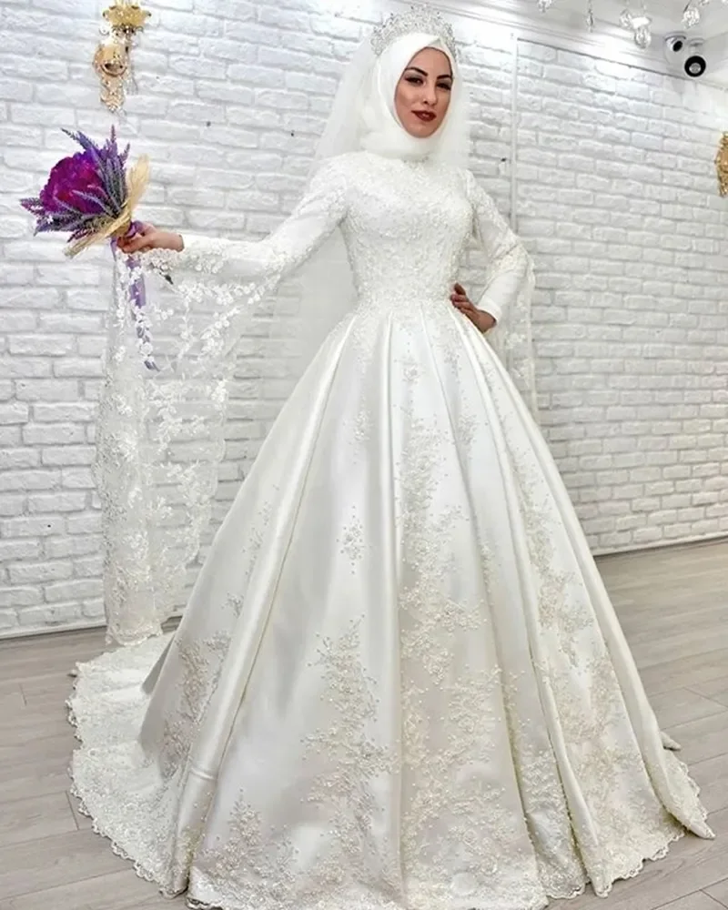 

Modest Muslim Wedding Dresses For Women A Line High Neck Long Sleeves Arabic Islamic Bridal Gowns Lace Applique Vestido De Noiva