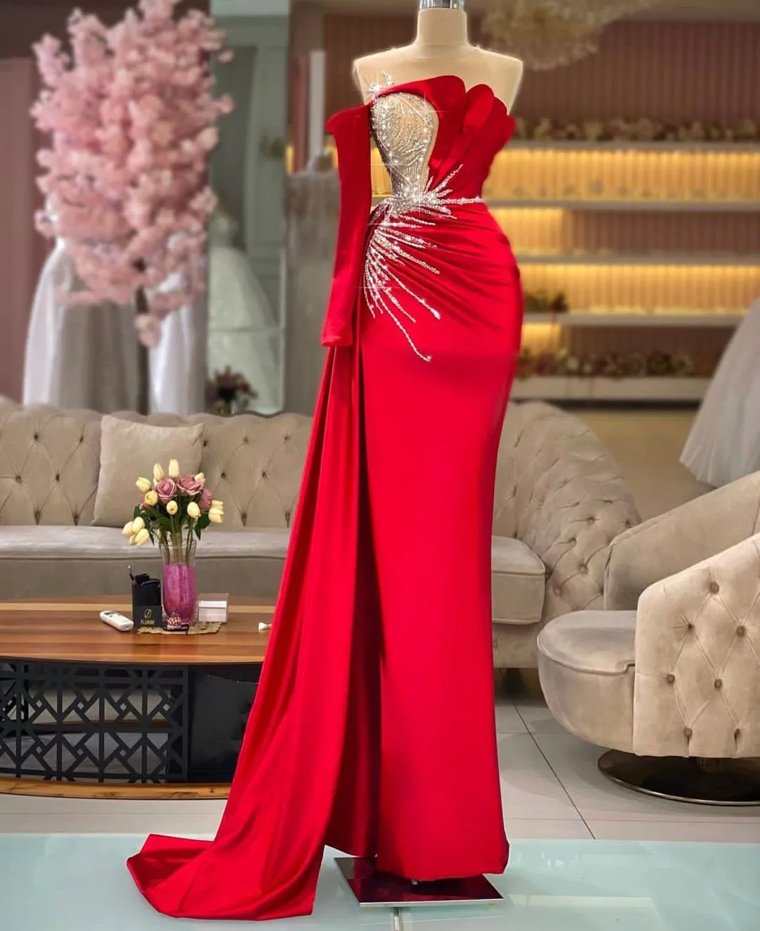 

Красные вечерние платья с длинным рукавом, вышитые бисером, Блестящие Блестки, аппликации с Боковым Разрезом, атласное искусственное изгот...