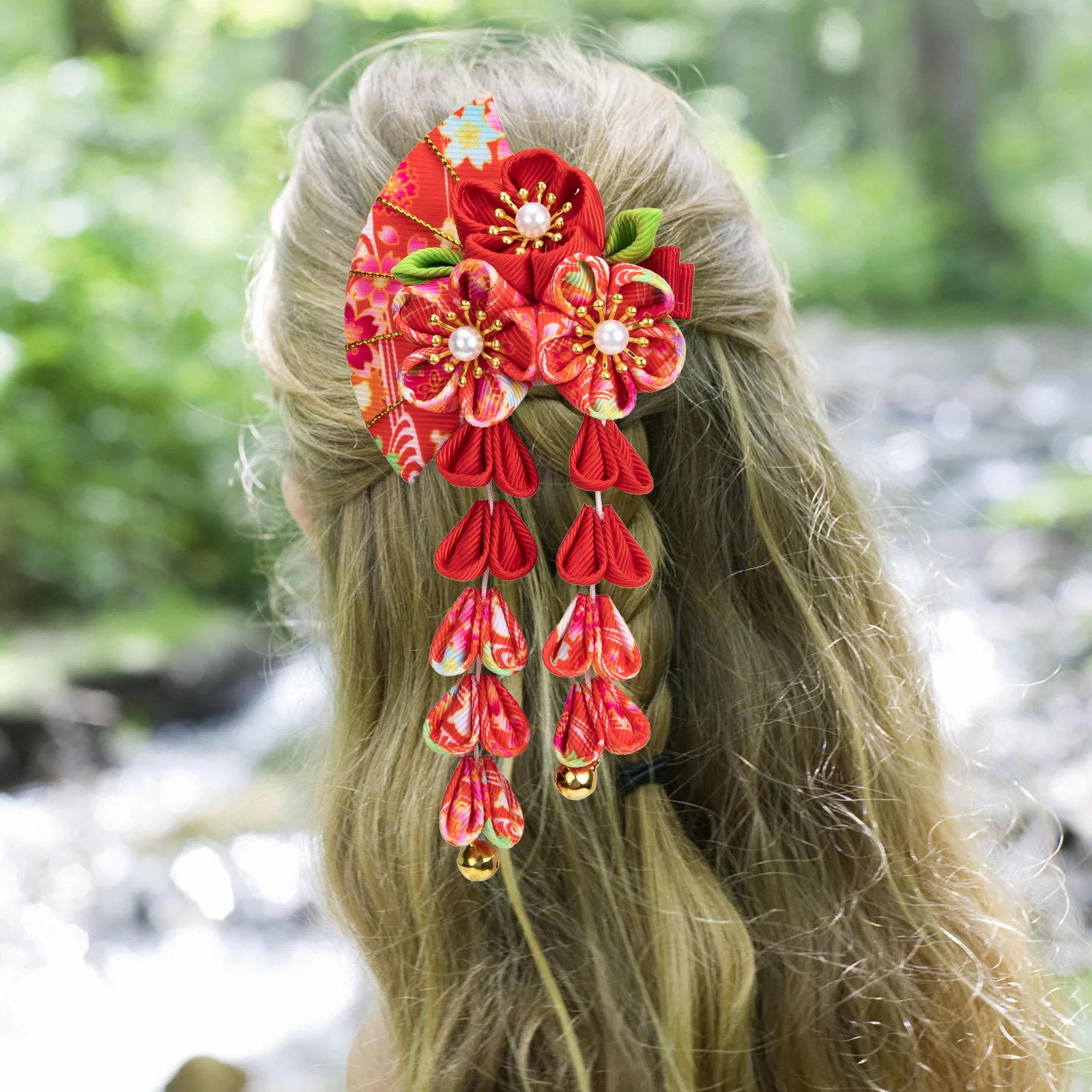 

Женский аксессуар, Шпилька для волос в японском стиле, цветок 13x6 см, заколка в форме фаната, красный сплав, Детский костюм невесты