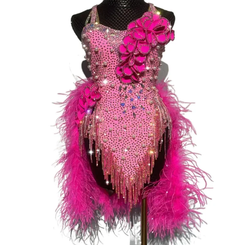 

Latin Dance High-end Custom Ostrich Hair Full Pink Match Suit Diamond Cha-cha Tango Female Adult Stage Professional Dress
