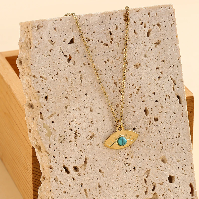 

Vintage Natural Stone Turquoise Evil Eye Layered Necklace For Women Exquisite Plated Stainless Steel Necklace Party Jewelry Gift