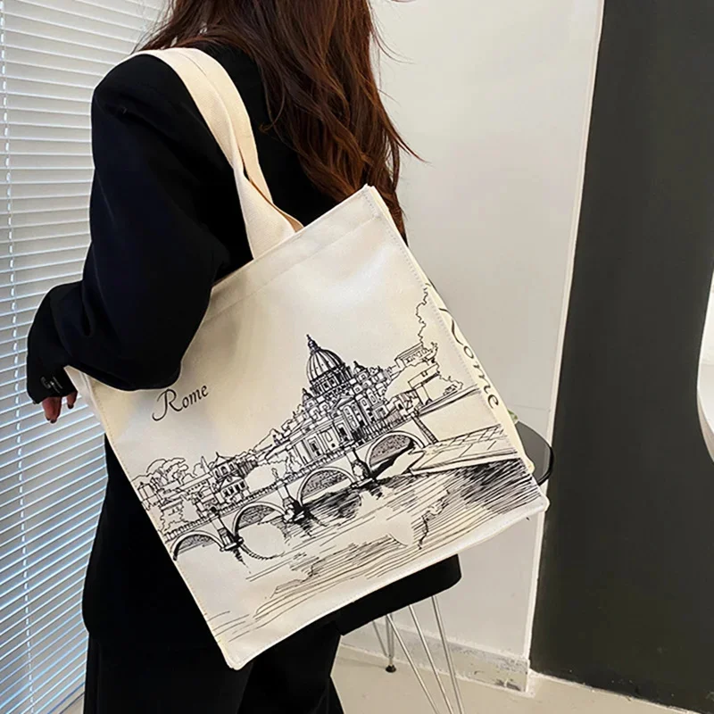 

Student Fashion Cotton Canvas Classical Aesthetic Pringting Big Capacity Tote Bag Female Laptop Weekender Overnight Handbag