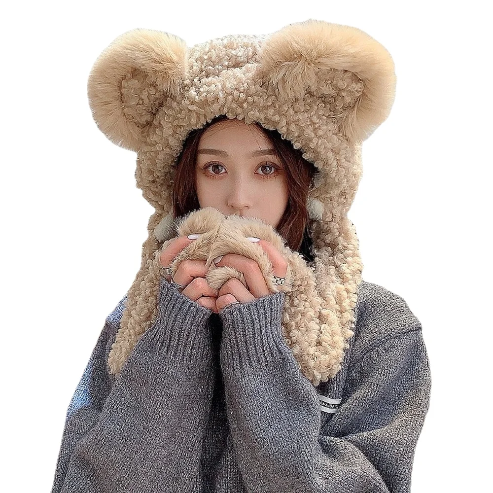 Women's Winter Bear Ears Beanie Hat with Earflaps Balaclava Scarf Bib Neckwarmer Warm Plush Bonnet Fleece Full Protection Cap 
Women's Winter Bear Ears Beanie Hat with Earflaps Balaclava Scarf Bib Neckwarmer Warm Plush Bonnet Fleece Full Protection Cap