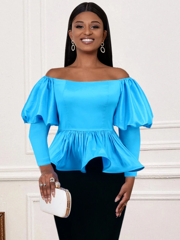 

Evening Party Blouse Blue Cold Shoulder Long Lantern Sleeve Ruffles Birthday Cocktail Event Occasion Pullover Peplum Tops 2023