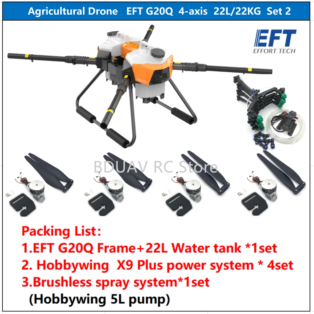 

NEW EFT G20Q Agricultural Drone 4 Axis Quadcopter 22L 22kg Frame Double Water Tank Spraying System with Hobbywing X9 Plus Motor