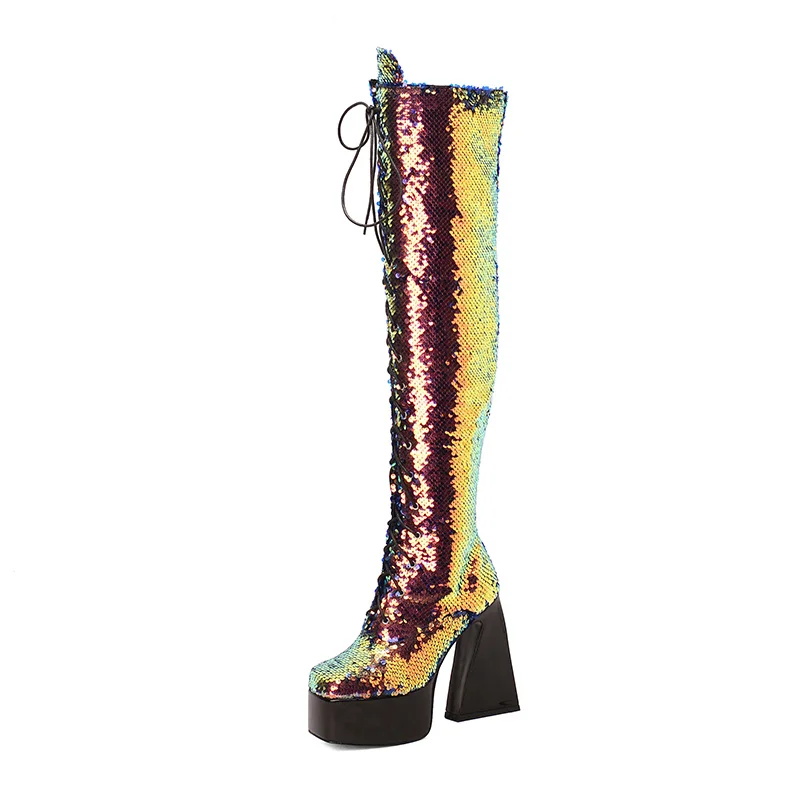 Fashion Women Lace Up Over The Knee Boots 14cm High Heels 4.5cm Platforms Sequins Bling Long Boot Stripper Plus Size Winter Shoe
Fashion Women Lace Up Over The Knee Boots 14cm High Heels 4.5cm Platforms Sequins Bling Long Boot Stripper Plus Size Winter Shoe