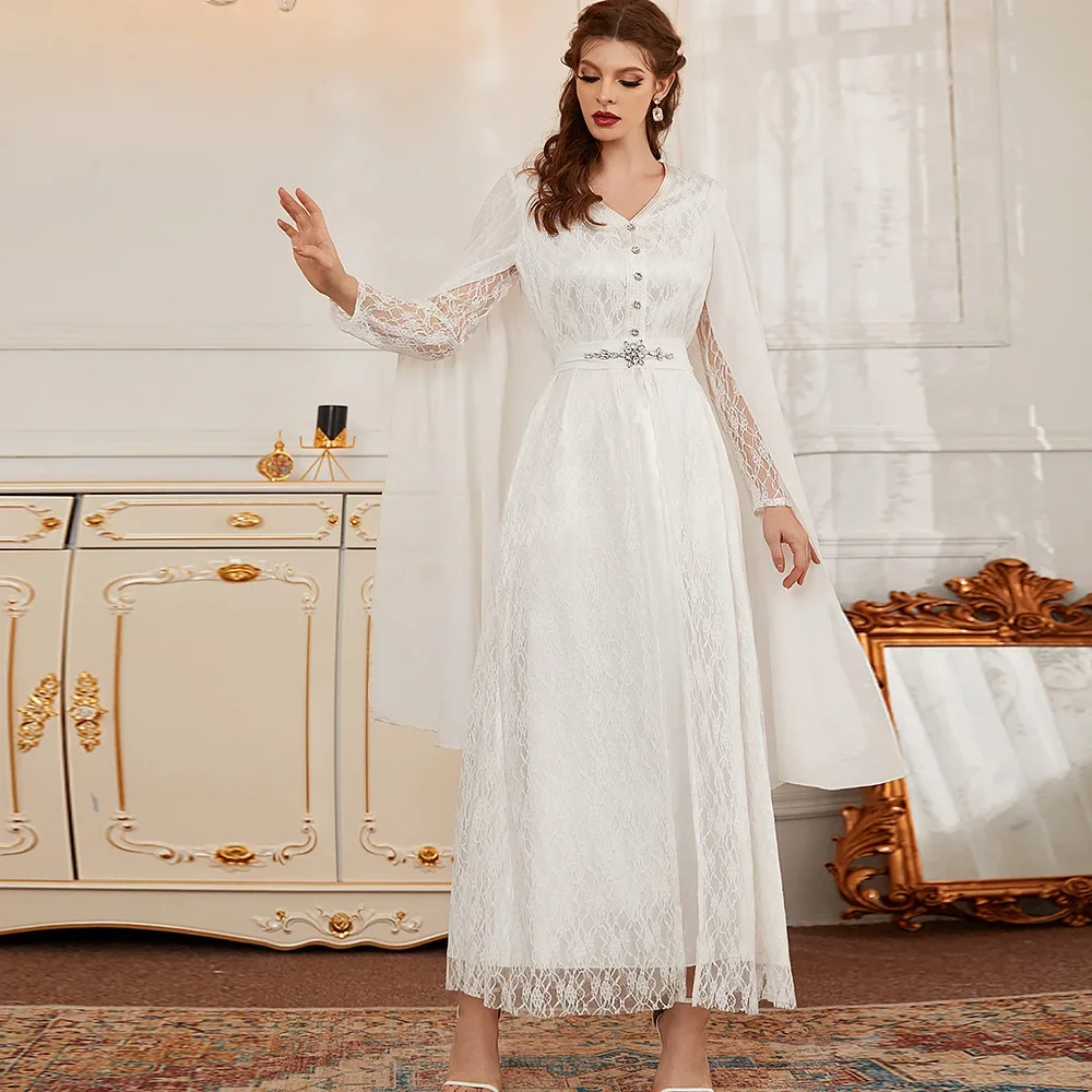 Arab White Abaya Muslim Women Lace Long Dress Elegant Party Gown Rhinestone Middle East Turkey Maxi Robe Caftan
Arab White Abaya Muslim Women Lace Long Dress Elegant Party Gown Rhinestone Middle East Turkey Maxi Robe Caftan