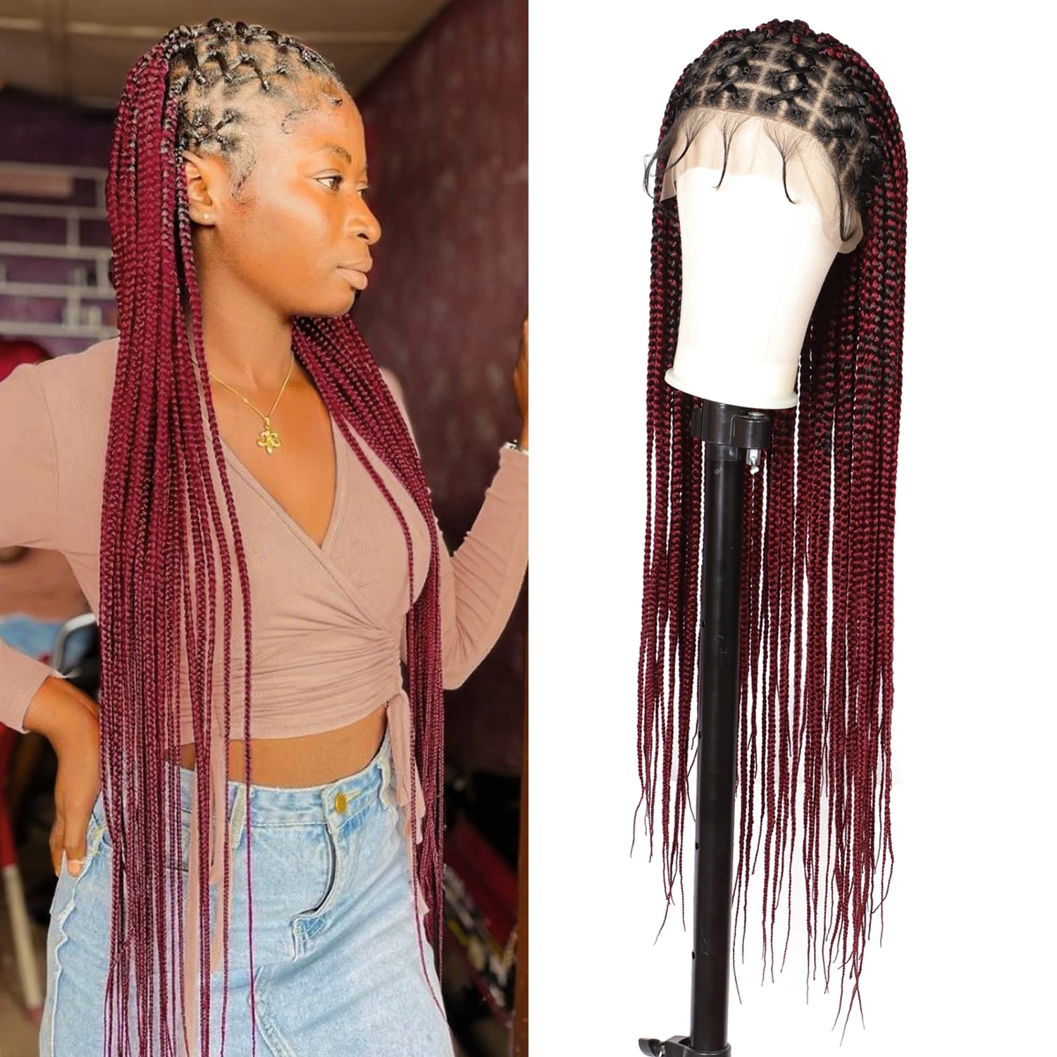 

Kalyss 36" Full Lace Front Knotless Braided Wigs Burgundy Criss Cross Box Braid Synthetic Wig With Baby Hair For Black Women