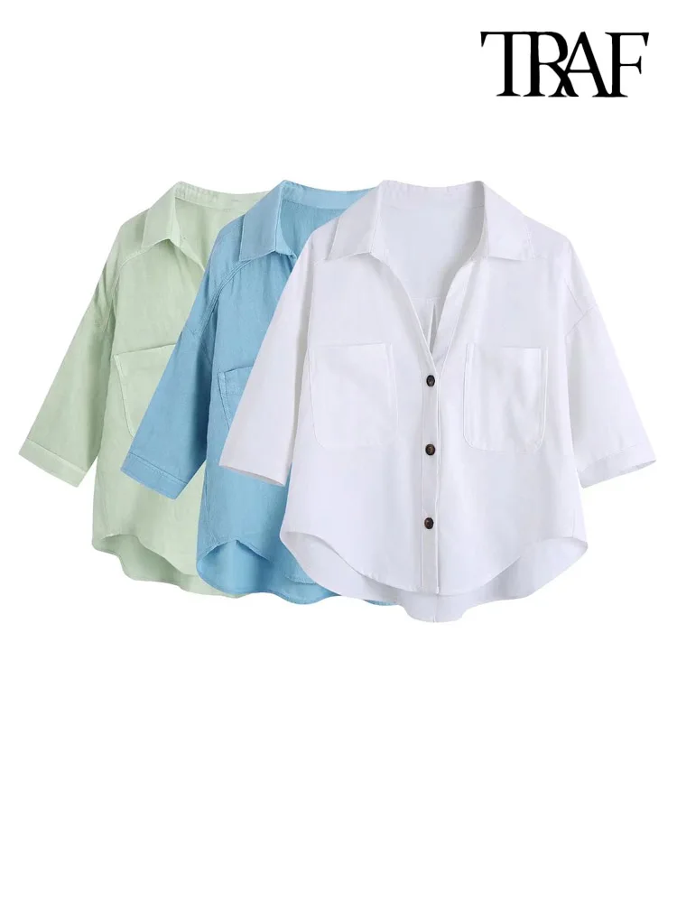 TRAF Women Fashion Front Patch Pockets Loose Linen Shirts Vintage Short Sleeve Button-up Female Blouses Blusas Chic Tops
TRAF Women Fashion Front Patch Pockets Loose Linen Shirts Vintage Short Sleeve Button-up Female Blouses Blusas Chic Tops