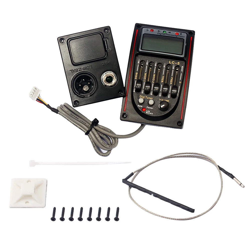 Guitar Pickup 5- Band Preamp EQ- 5 Auto Manual Tuning Mode EQ Tuner Guitar Preamp Equalizer Piezo Pickup without LC05A Black 
Guitar Pickup 5- Band Preamp EQ- 5 Auto Manual Tuning Mode EQ Tuner Guitar Preamp Equalizer Piezo Pickup without LC05A Black
