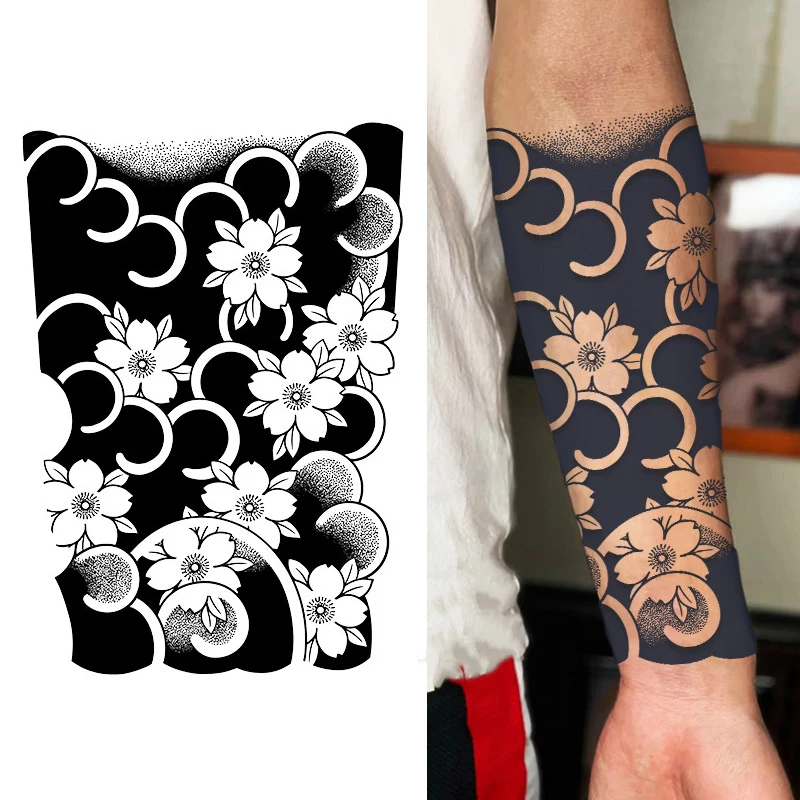 

Модные волнистые вишневые цветущие полоски водостойкие татуировки с соком наклейки для женщин мужчин тело руки бедра временные татуировки