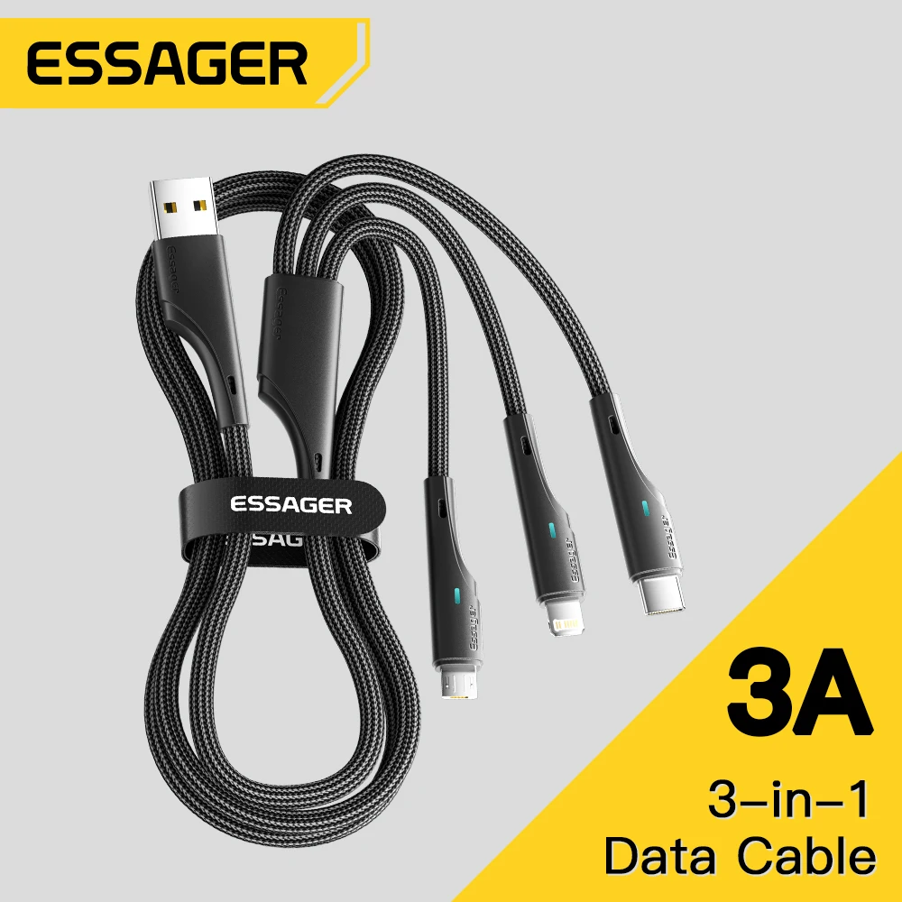 

ESSAGER One-to-Three USB Data Cable 3A Fast Charging 480mbps Data Transfer Cable without Delay for Huawei Apple Mobile Phone