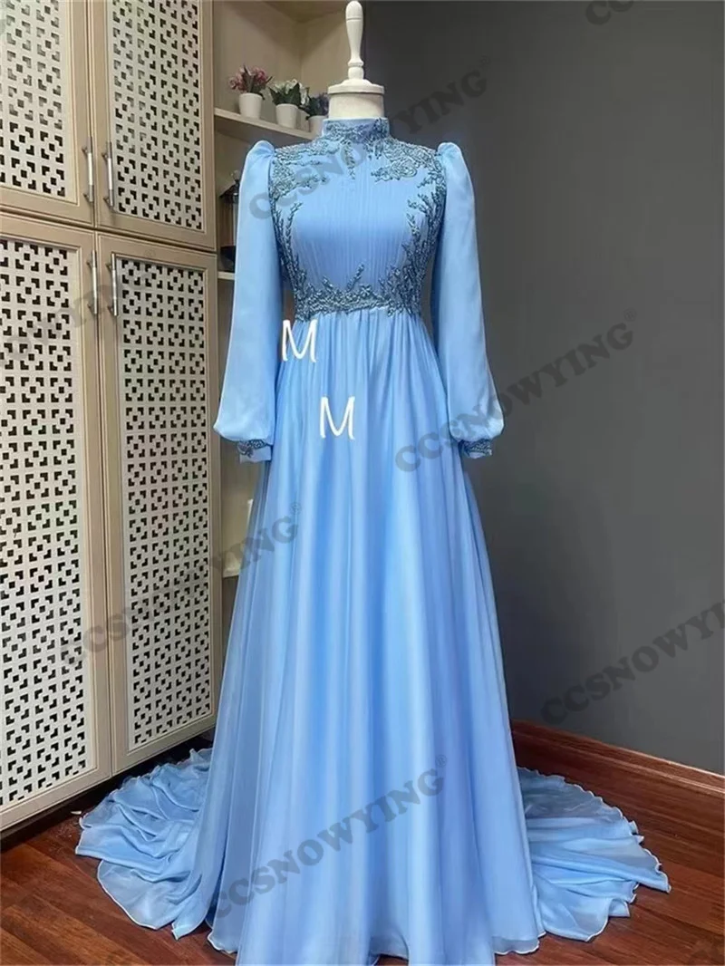 Appliques Beaded Muslim Evening Dresses Blue Satin Long Sleeve Islamic Formal Party Gowns High Neck Women Arabic Robes De Soirée
Appliques Beaded Muslim Evening Dresses Blue Satin Long Sleeve Islamic Formal Party Gowns High Neck Women Arabic Robes De Soirée