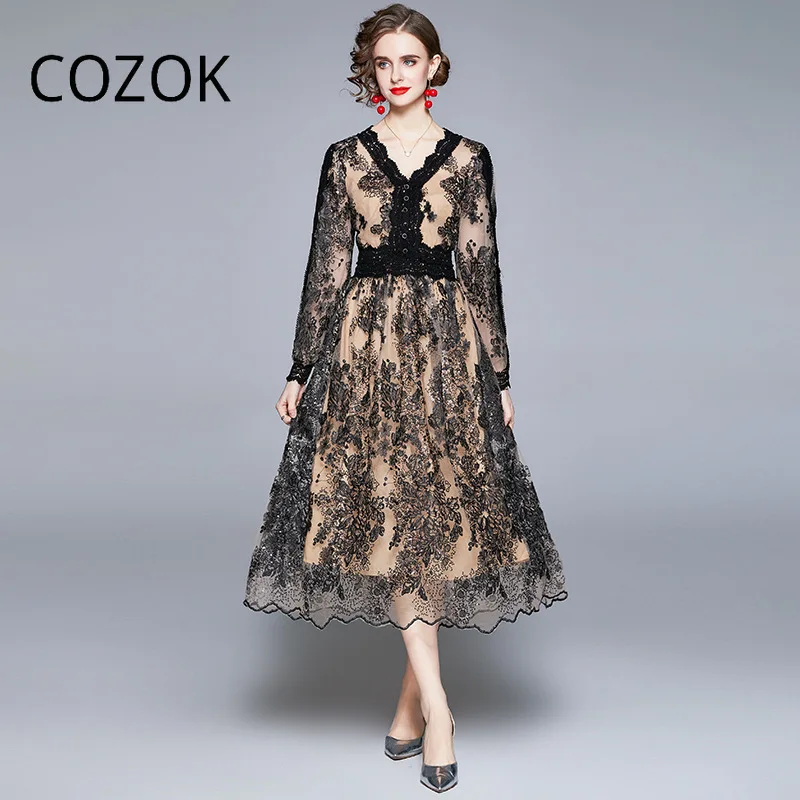 COZOK Black Lace Dress A-Line Vestidos Vintage Dress V-Neck Long Sleeve Mesh French Dresses Plus Size Clothing Women Party Skirt
COZOK Black Lace Dress A-Line Vestidos Vintage Dress V-Neck Long Sleeve Mesh French Dresses Plus Size Clothing Women Party Skirt