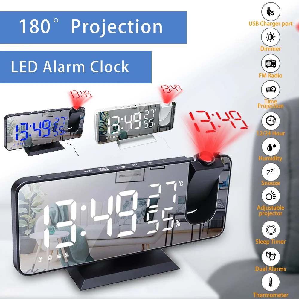 LED Alarm Clock Projection Table Desktop Electronic Thermometer USB Snooze Mode Radio Projector Multifunction Bedside Time Clock
LED Alarm Clock Projection Table Desktop Electronic Thermometer USB Snooze Mode Radio Projector Multifunction Bedside Time Clock