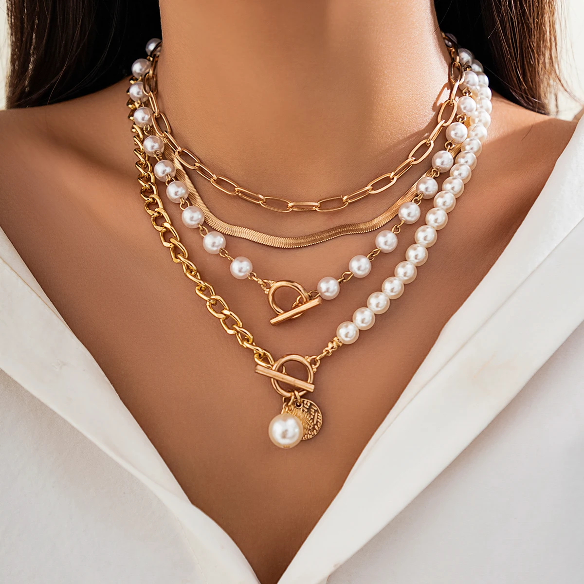 

Lacteo Trendy Imitation Pearl Charm Necklace Snake Chain Metal Link Strand Beads Splicing Choker for Women Jewelry Collar Party