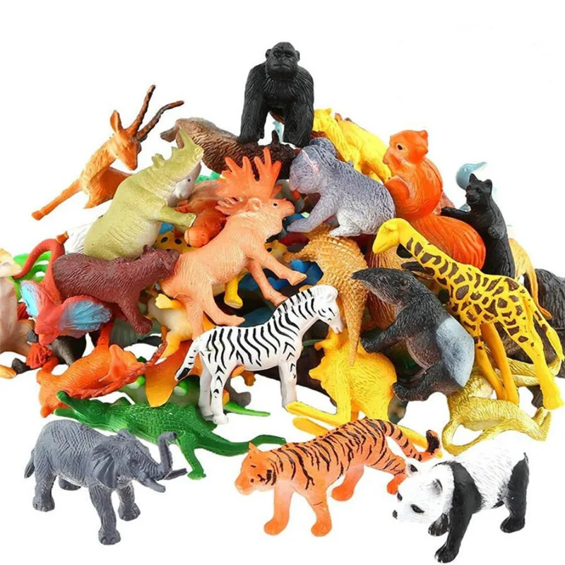 

53 Pcs Mini Jungle Animal Toys Set Realistic Wild Plastic Animals Learning Toys Elephant Giraffe Gnu Gorilla Lion Tiger