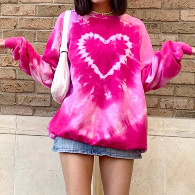 

2023 Heart Pattern Y2K Aesthetics Pink Oversized Sweatshirts Women E-Girl Tie Dye Crewneck Long Sleeve Tops Autumn Pullovers