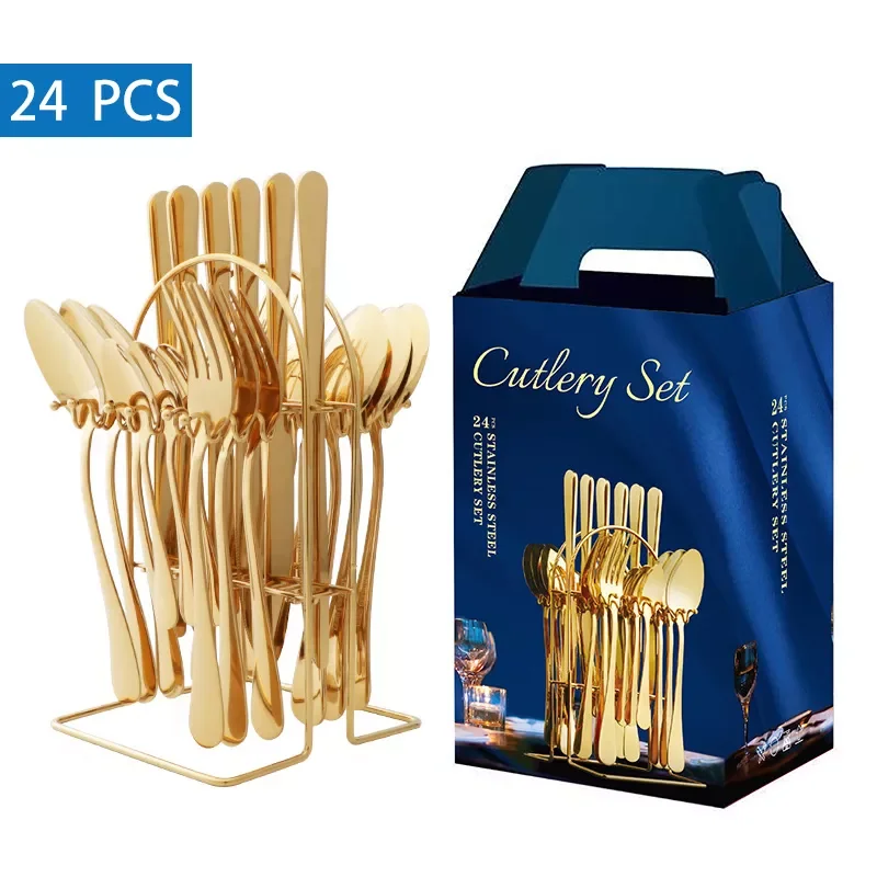 24 Pcs Gift Box Gold Stainless Steel Dinnerware Set With Storage Rack Luxury Western Tableware Golden Glossy Knife Fork Spoon
24 Pcs Gift Box Gold Stainless Steel Dinnerware Set With Storage Rack Luxury Western Tableware Golden Glossy Knife Fork Spoon
