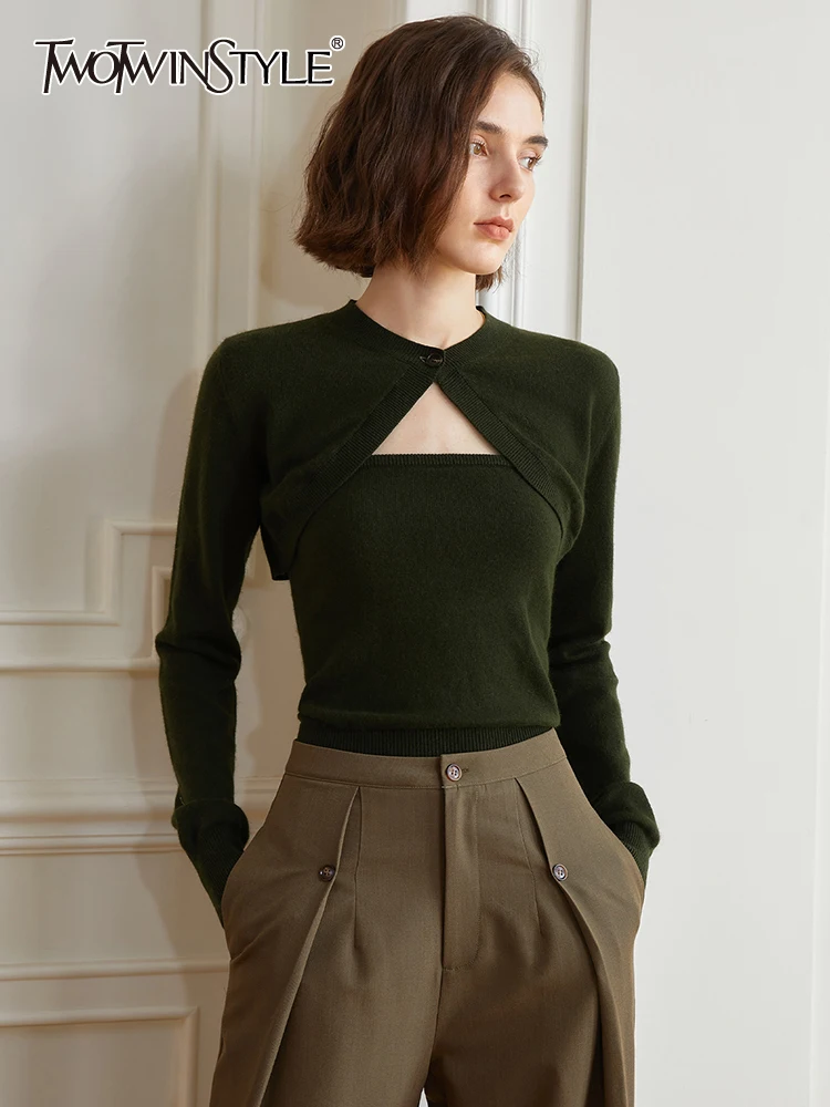 TWOTWINSTYLE Vintage Knitting Two Piece Set Womens Round Neck Long Sleeve Shawl Strapless Sleeveless Solid Vests Female Sets New
TWOTWINSTYLE Vintage Knitting Two Piece Set Womens Round Neck Long Sleeve Shawl Strapless Sleeveless Solid Vests Female Sets New