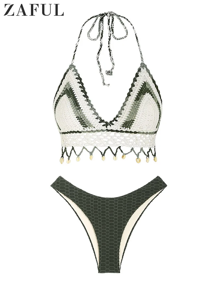 

ZAFUL Mix And Match Size Swimsuit Crochet Knit Shells Halter Cover Up Bralette Beach Bra Top Textured High Leg Bikini Bottom