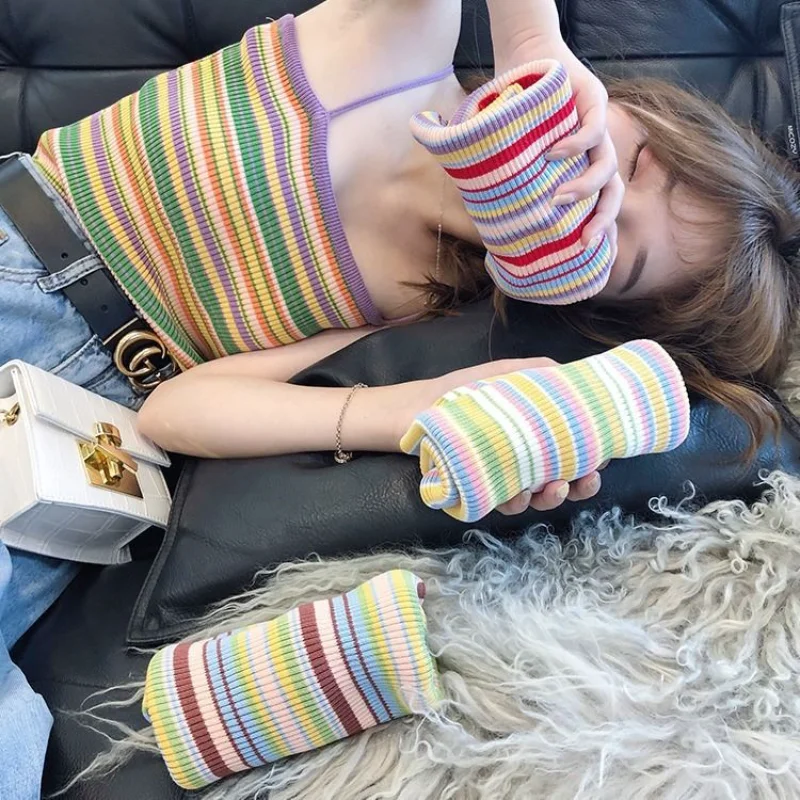 Korean Version of The Summer Rainbow Striped Halter Top New Slim Fit and Thin Knitted Camisole T-shirt Comfortable Women's Tide
Korean Version of The Summer Rainbow Striped Halter Top New Slim Fit and Thin Knitted Camisole T-shirt Comfortable Women's Tide