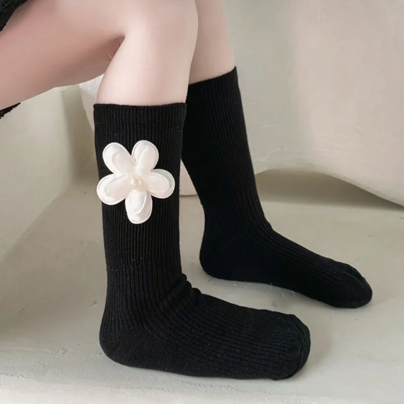 Модные носки-трубы в Корейском стиле с цветами и полосками забавные черные