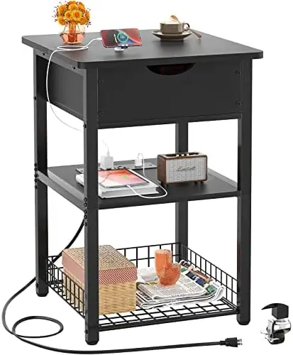 

Set of 2 with Charging Station, End Table Side Table with USB Ports and Outlets, Modern Flip Top Night Stands with Shelves, Slim