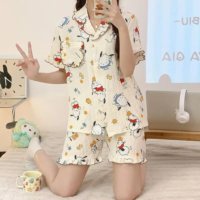Sanrios Kawaii Anime Pochacco Cute Cartoon Summer Pajamas Women's Cardigan Short Sleeve Shorts Loose Thin Homewear Set Gift
Sanrios Kawaii Anime Pochacco Cute Cartoon Summer Pajamas Women's Cardigan Short Sleeve Shorts Loose Thin Homewear Set Gift