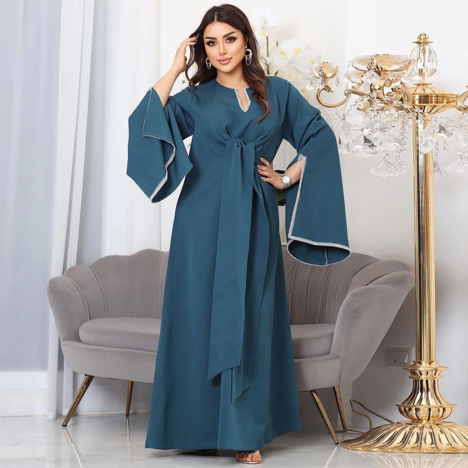 Abaya for Women Loose Lantern Sleeve Dubai Arabic Muslin Women Robe Fashion Dress Spring Summer Casual Blue Lace-up Dress
Abaya for Women Loose Lantern Sleeve Dubai Arabic Muslin Women Robe Fashion Dress Spring Summer Casual Blue Lace-up Dress