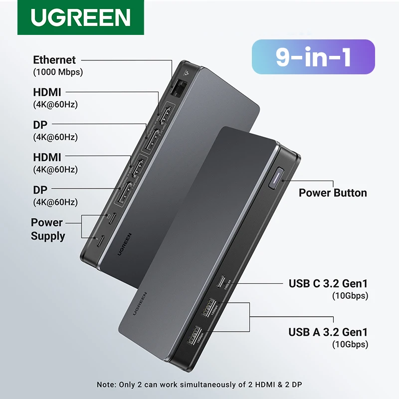 UGREEN Docking Station 9-IN-1 HUB USB C to 4K60Hz HDMI DisplayPort Triple Display RJ45 PD100W Dock for Mac OS 10Gbps USB 3.1 HUB
UGREEN Docking Station 9-IN-1 HUB USB C to 4K60Hz HDMI DisplayPort Triple Display RJ45 PD100W Dock for Mac OS 10Gbps USB 3.1 HUB