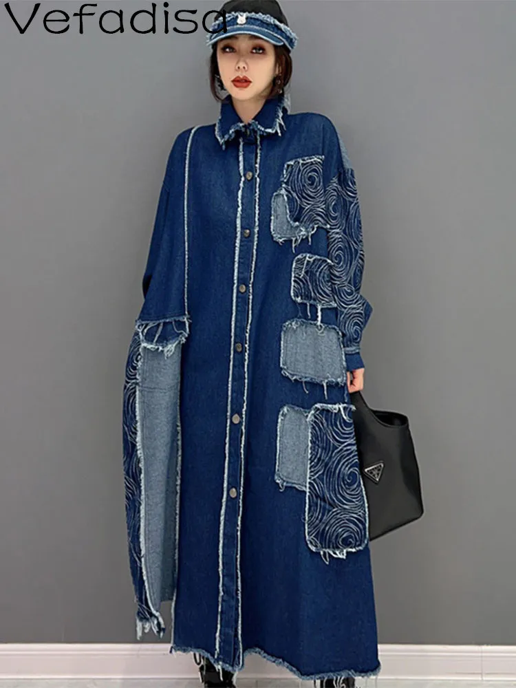 

Vefadisa 2023 Spring Autumn Polo Collar Denim Trench Coat Loose Patches Printing Hand Frayed Cardigan Coat Women's LHX3298