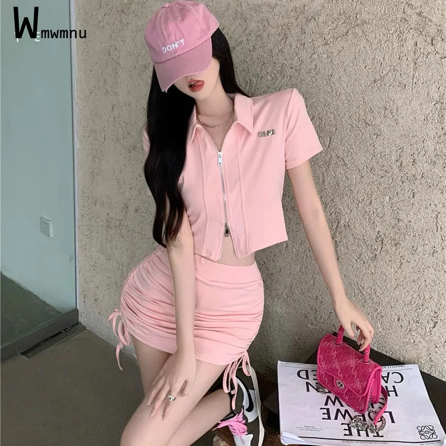 Laides Summer Sexy Two Piece Sets Summer Zipper Short Sleeve Tops+Elastic Waist Slim Drawstring Mini Skirts Korean Chic Outfit
Laides Summer Sexy Two Piece Sets Summer Zipper Short Sleeve Tops+Elastic Waist Slim Drawstring Mini Skirts Korean Chic Outfit