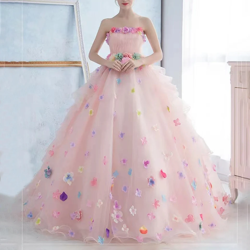 

Женское платье для выпускного вечера, Розовое Бальное Платье до пола из тюля с 3D цветами и аппликацией без бретелек, модель 2023,