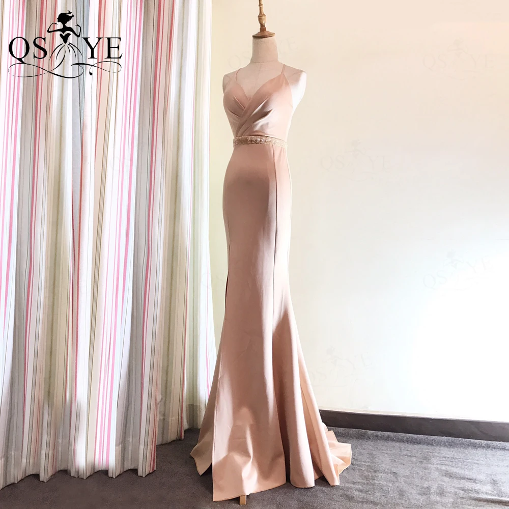 

QSYYE Champagne Mermaid Evening Dresses Ruched Long Prom Gown Spaghetti Straps V Party Dress Crystal Bead Sash Bridesmaid Gown